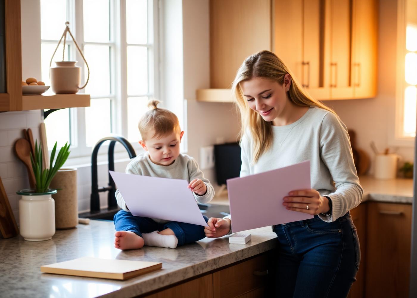 A parent and child reviewing paperwork at a kitchen counter